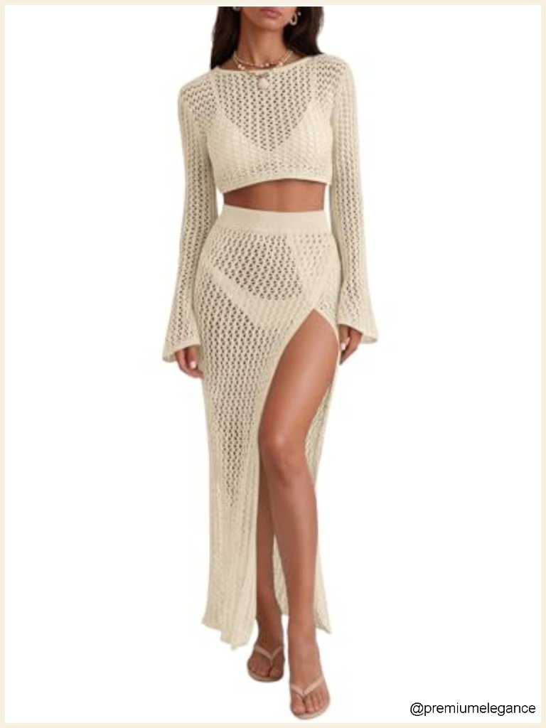 Crochet Beach Cover Up Set 2 Piece - Boat Neck Crop Top & Maxi Skirt